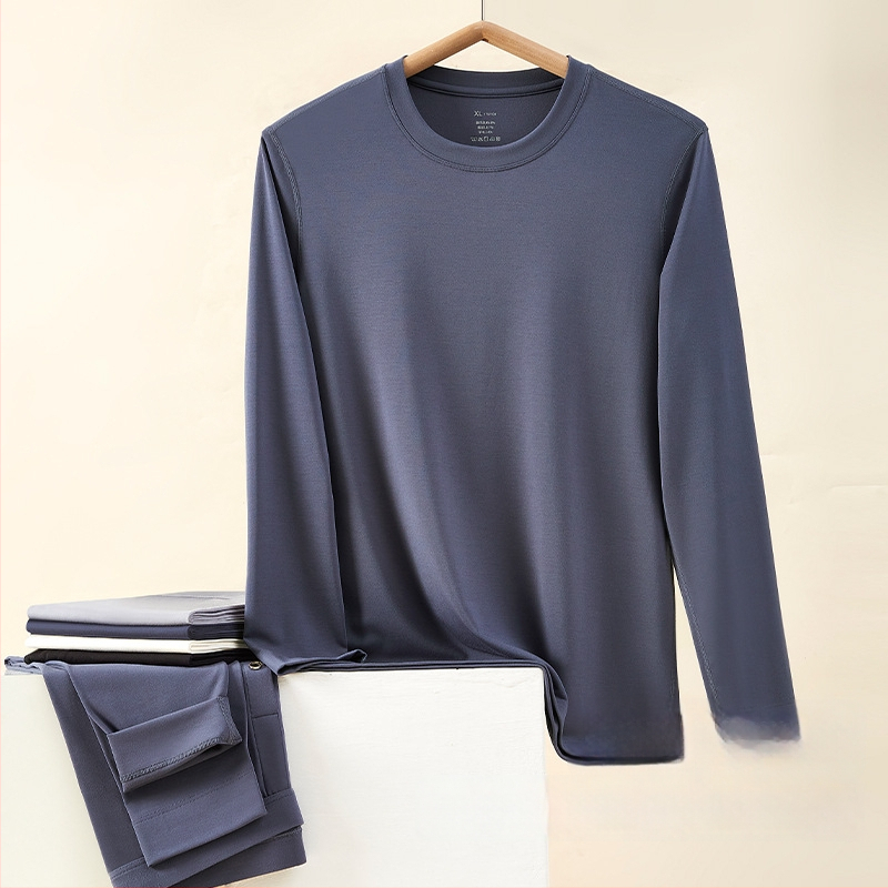 Tricou termic pentru bărbați, amestec lână-modal, subțire, guler rotund, mâneci lungi, 85.9% modal, 181–200 g/m2