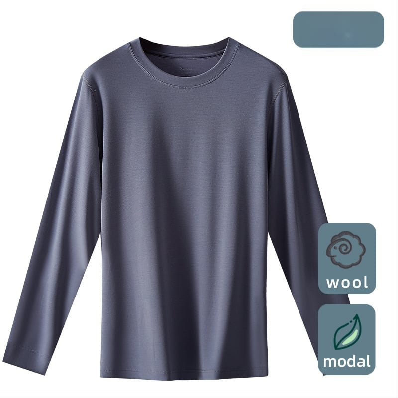 Tricou termic pentru bărbați, amestec lână-modal, subțire, guler rotund, mâneci lungi, 85.9% modal, 181–200 g/m2