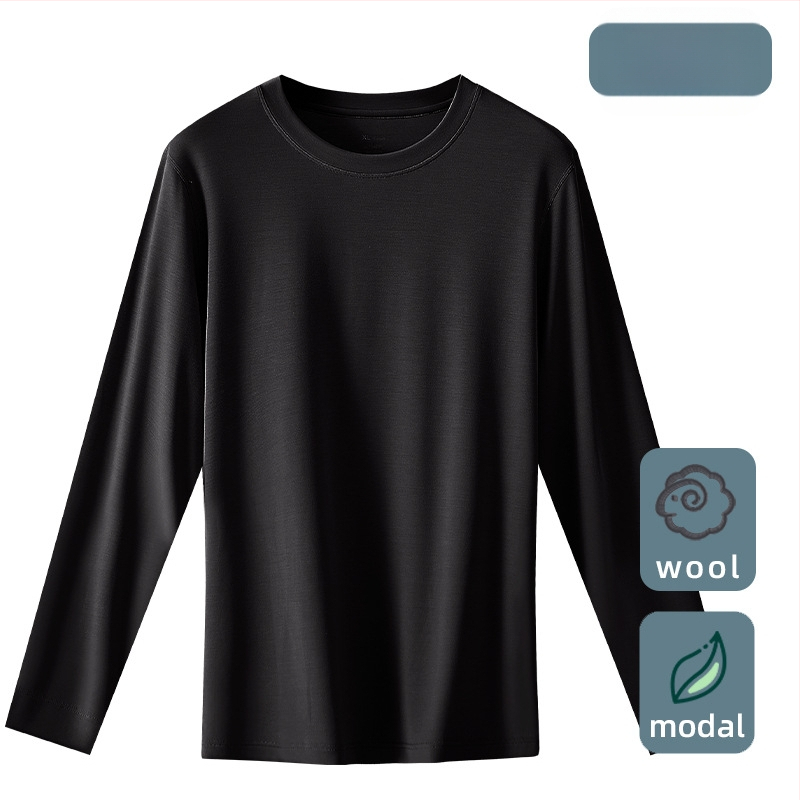 Tricou termic pentru bărbați, amestec lână-modal, subțire, guler rotund, mâneci lungi, 85.9% modal, 181–200 g/m2