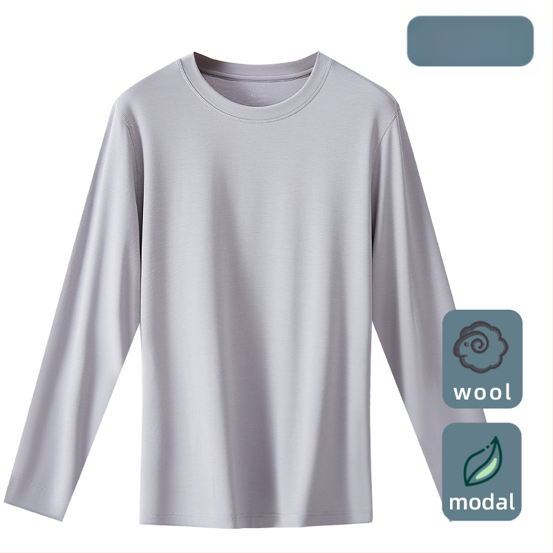 Tricou termic pentru bărbați, amestec lână-modal, subțire, guler rotund, mâneci lungi, 85.9% modal, 181–200 g/m2