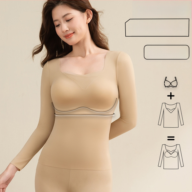 Set termic subțire pentru femei, cu cupă fixă și mâneci lungi, cu tampoane pentru sân, antibacterian, elastic, păstrează cald, material nailon 68%