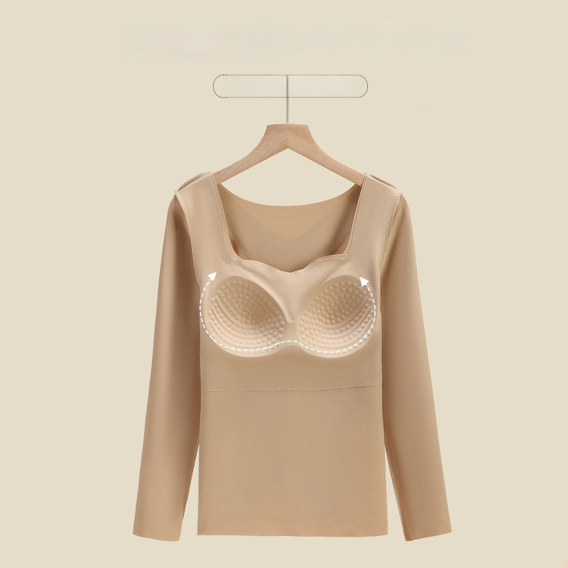Set termic subțire pentru femei, cu cupă fixă și mâneci lungi, cu tampoane pentru sân, antibacterian, elastic, păstrează cald, material nailon 68%