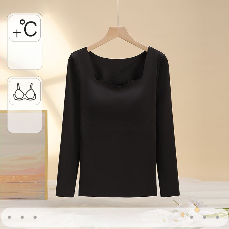 Set termic subțire pentru femei, cu cupă fixă și mâneci lungi, cu tampoane pentru sân, antibacterian, elastic, păstrează cald, material nailon 68%