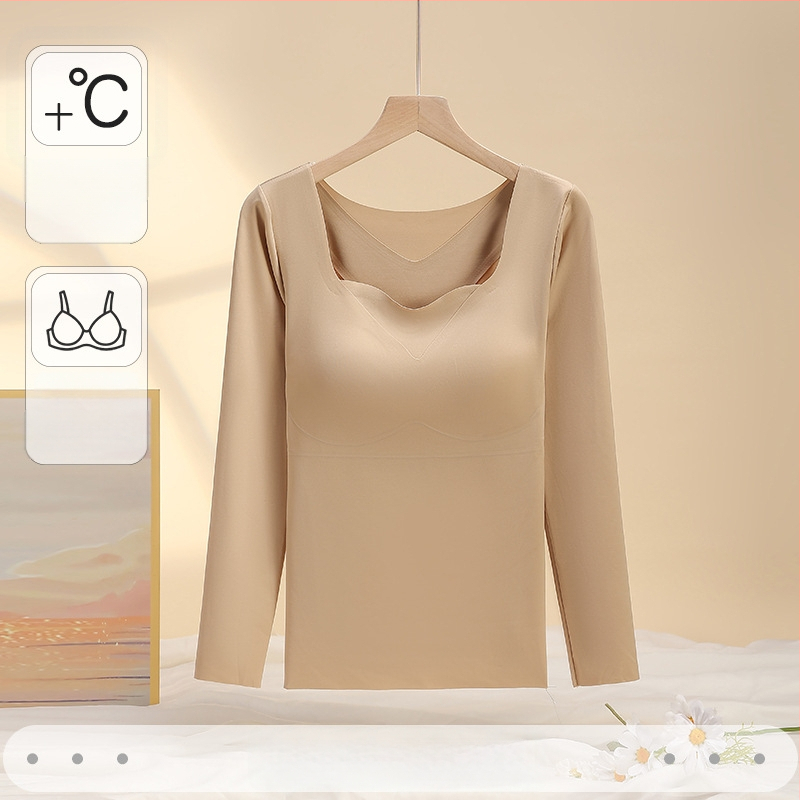 Set termic subțire pentru femei, cu cupă fixă și mâneci lungi, cu tampoane pentru sân, antibacterian, elastic, păstrează cald, material nailon 68%