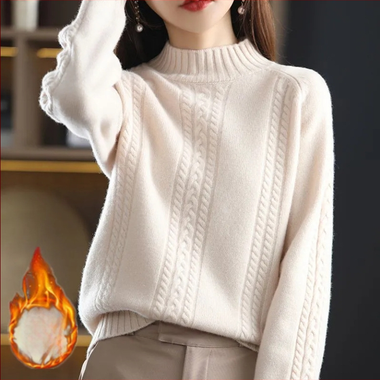 Pulover pentru femei tricotat, cu guler semi-înalt și tricot cablat, gros; Lansare: Primăvara 2025; țesătură: Tr fabric; compoziție principală: PVC ≤30%; stil: stil chinezesc, retro literar