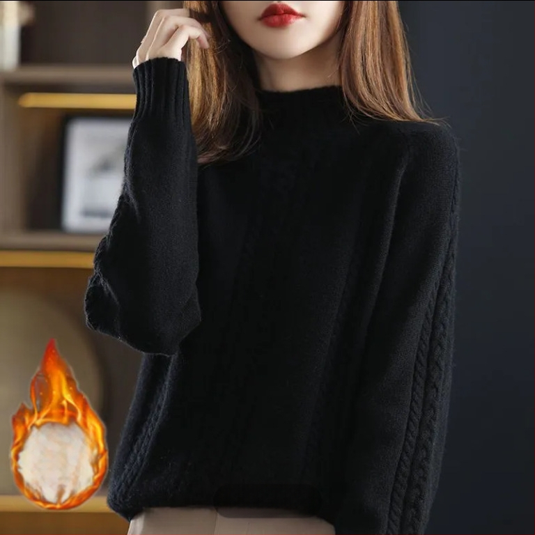 Pulover pentru femei tricotat, cu guler semi-înalt și tricot cablat, gros; Lansare: Primăvara 2025; țesătură: Tr fabric; compoziție principală: PVC ≤30%; stil: stil chinezesc, retro literar