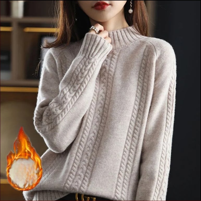 Pulover pentru femei tricotat, cu guler semi-înalt și tricot cablat, gros; Lansare: Primăvara 2025; țesătură: Tr fabric; compoziție principală: PVC ≤30%; stil: stil chinezesc, retro literar
