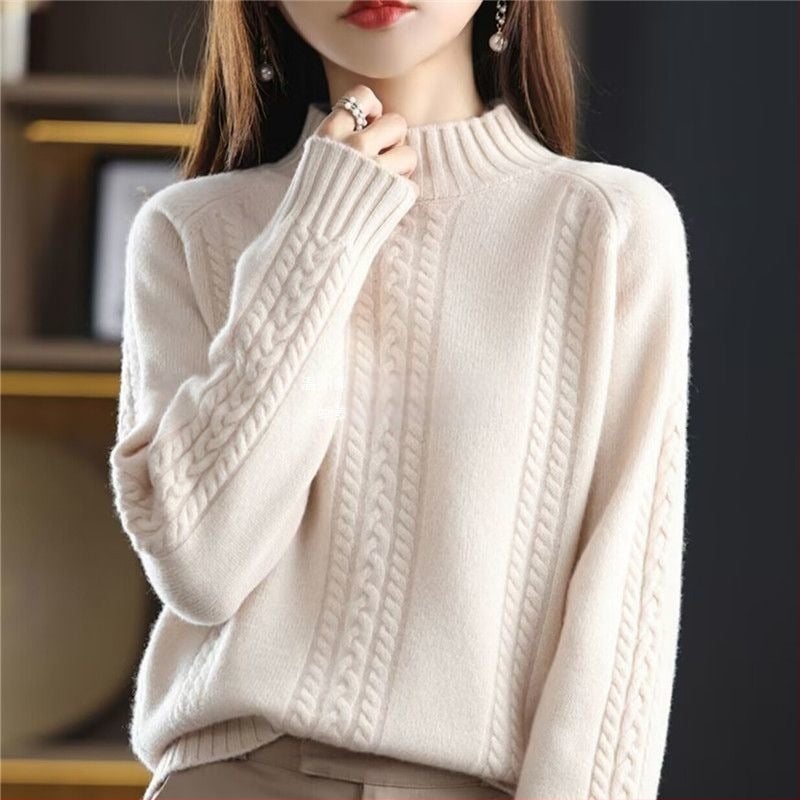 Pulover pentru femei tricotat, cu guler semi-înalt și tricot cablat, gros; Lansare: Primăvara 2025; țesătură: Tr fabric; compoziție principală: PVC ≤30%; stil: stil chinezesc, retro literar