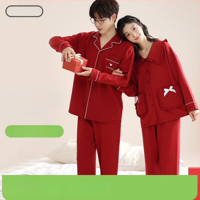Set de pijamale pentru cupluri din bumbac tricotat - decolteu în V, mâneci lungi, pantaloni, greutate medie, confort de toamnă