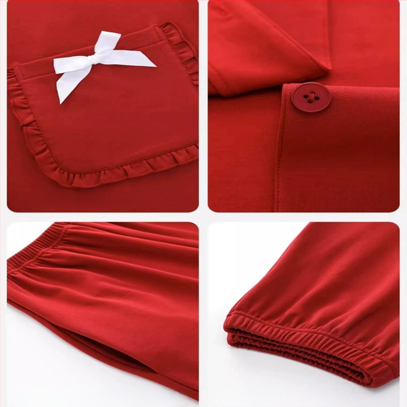 Set de pijamale pentru cupluri din bumbac tricotat - decolteu în V, mâneci lungi, pantaloni, greutate medie, confort de toamnă