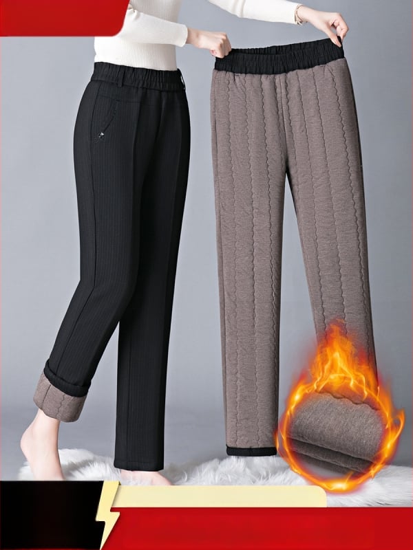 Pantaloni de iarnă pentru femei, talie înaltă, croială dreaptă, căptuțiți cu fleece, lungi, din viscoză, ușor elastici, fără cute