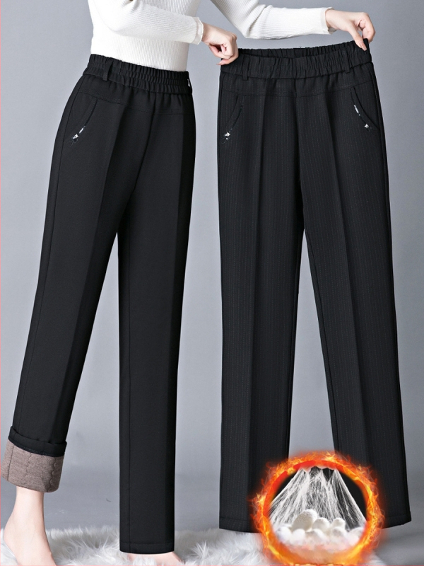 Pantaloni de iarnă pentru femei, talie înaltă, croială dreaptă, căptuțiți cu fleece, lungi, din viscoză, ușor elastici, fără cute