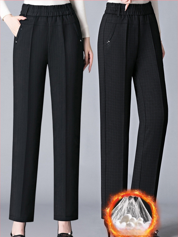 Pantaloni de iarnă pentru femei, talie înaltă, croială dreaptă, căptuțiți cu fleece, lungi, din viscoză, ușor elastici, fără cute