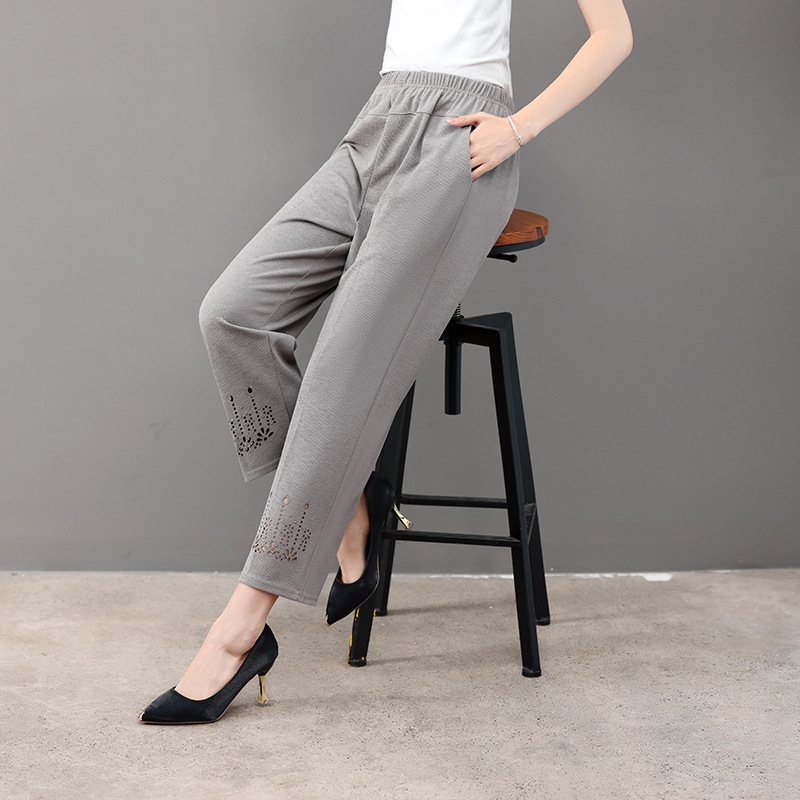 Pantaloni femei largi, croială drept, vară, poliester ușor, înaltă elasticitate, lungime trei sferturi