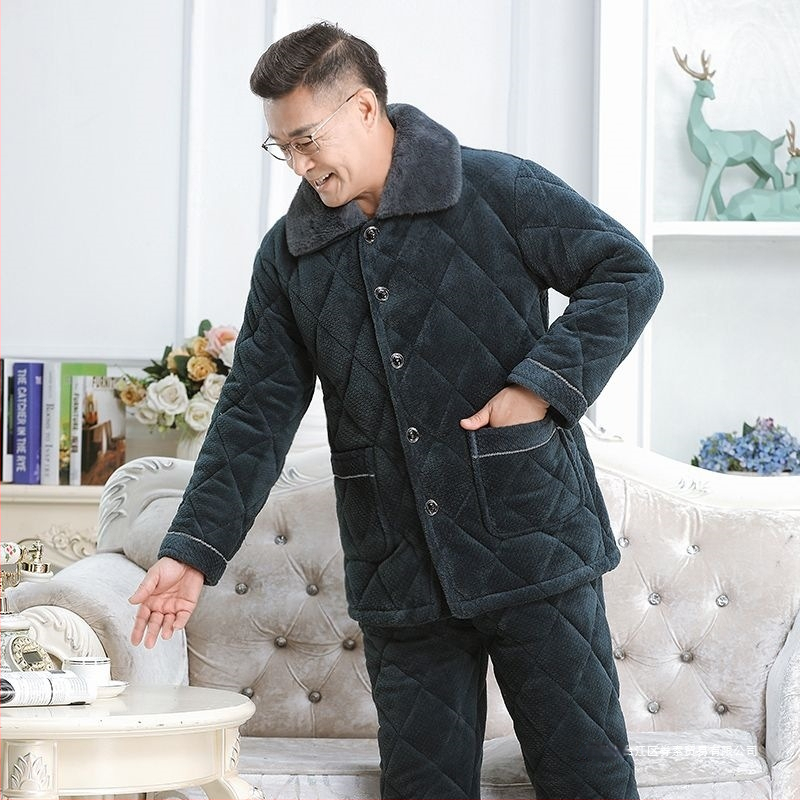 Férfi téli korall plüss pizsama – háromrétegű quiltelt, vastag, galléros, hosszú ujjú