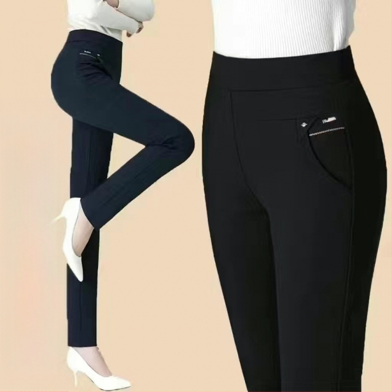 Pantaloni femei cu talie înaltă, croială dreaptă, poliester, elasticitate ușoară, lungi