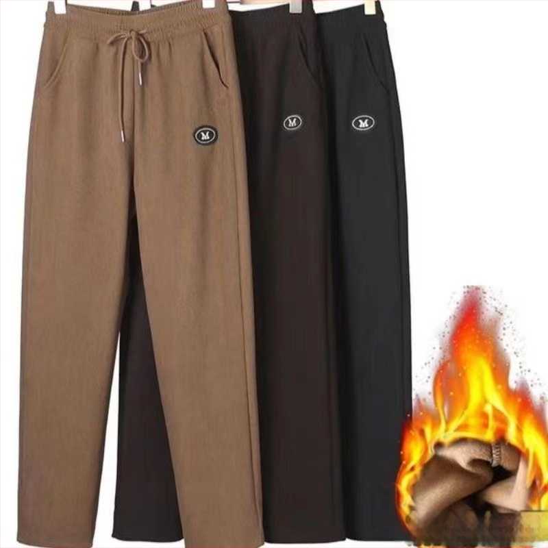 Pantaloni trening kapok velur, croială dreaptă, căptușeală fleece, groși pentru iarnă, amestec poliester 80–90%, Iarnă 2024