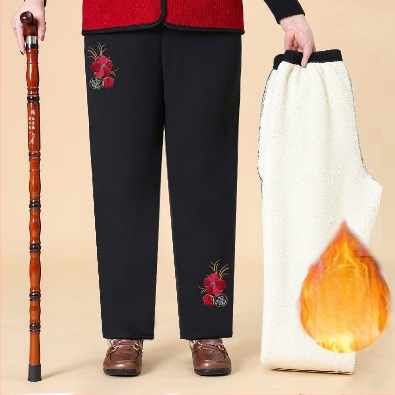 Pantaloni de damă din bumbac, cu broderie florală, talie elastică, căptuți cu fleece și groși, croială lejeră drept, primăvara 2025