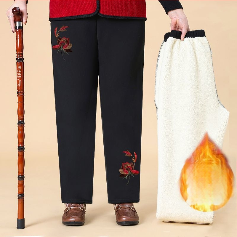 Pantaloni de damă din bumbac, cu broderie florală, talie elastică, căptuți cu fleece și groși, croială lejeră drept, primăvara 2025