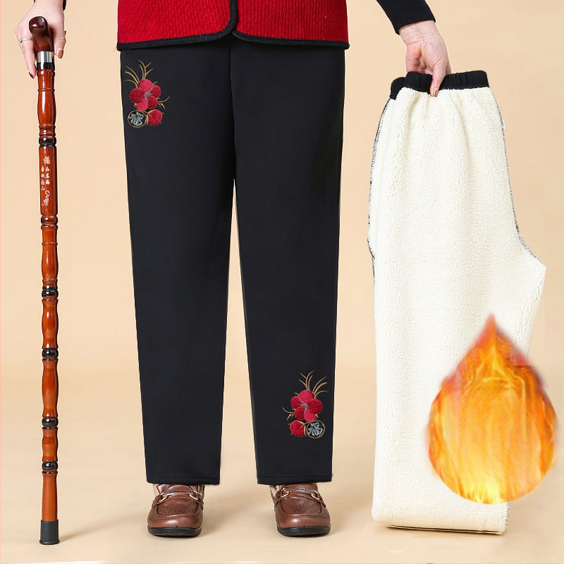 Pantaloni de damă din bumbac, cu broderie florală, talie elastică, căptuți cu fleece și groși, croială lejeră drept, primăvara 2025