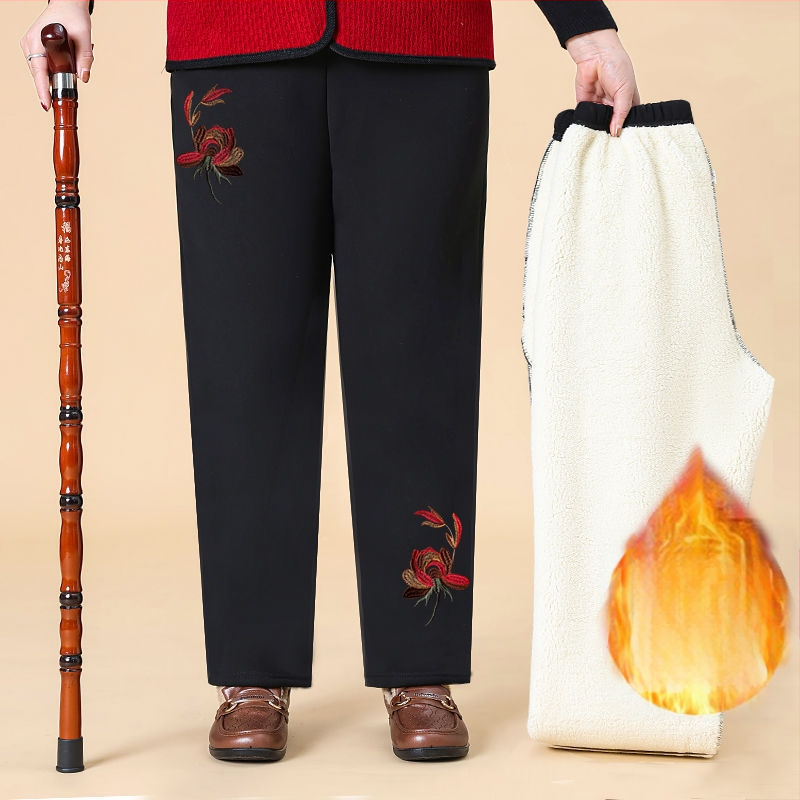 Pantaloni de damă din bumbac, cu broderie florală, talie elastică, căptuți cu fleece și groși, croială lejeră drept, primăvara 2025