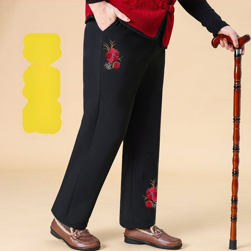 Pantaloni de damă din bumbac, cu broderie florală, talie elastică, căptuți cu fleece și groși, croială lejeră drept, primăvara 2025