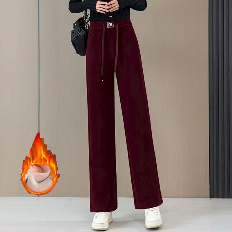 Pantaloni femei cu fleece căptușit, talie înaltă, croi drept, stil etnic, micro-elastici, amestec poliester-plasă.