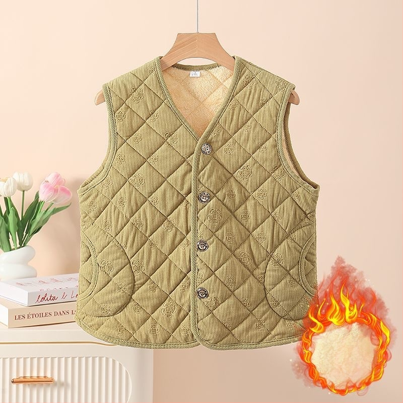 Vesta damă: căptușeală din fleece, corduroy embossat, căldură generoasă; imprimeu cu plante; poliester cu elastan; lungime 50–65 cm