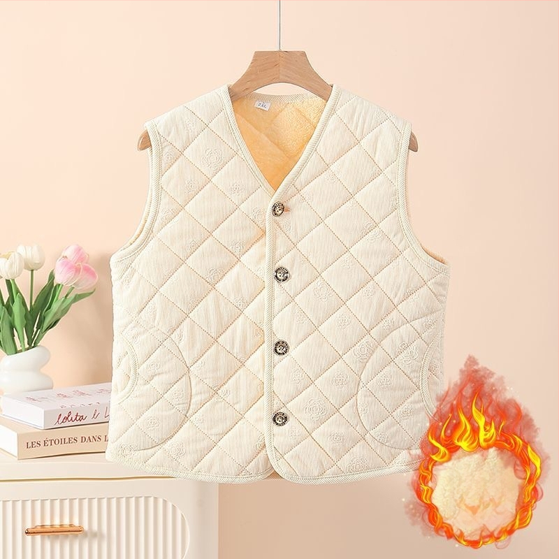 Vesta damă: căptușeală din fleece, corduroy embossat, căldură generoasă; imprimeu cu plante; poliester cu elastan; lungime 50–65 cm