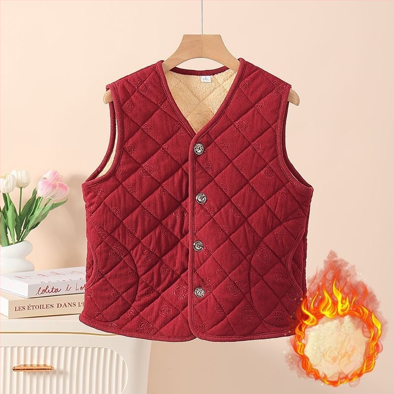 Vesta damă: căptușeală din fleece, corduroy embossat, căldură generoasă; imprimeu cu plante; poliester cu elastan; lungime 50–65 cm