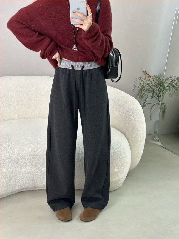 Pantalone za jesen-zimu 2025 s kontrastnim pojasom, ležerni kroj, ravne nogavice, elastični pojas, mješavina pamuka, model 7722