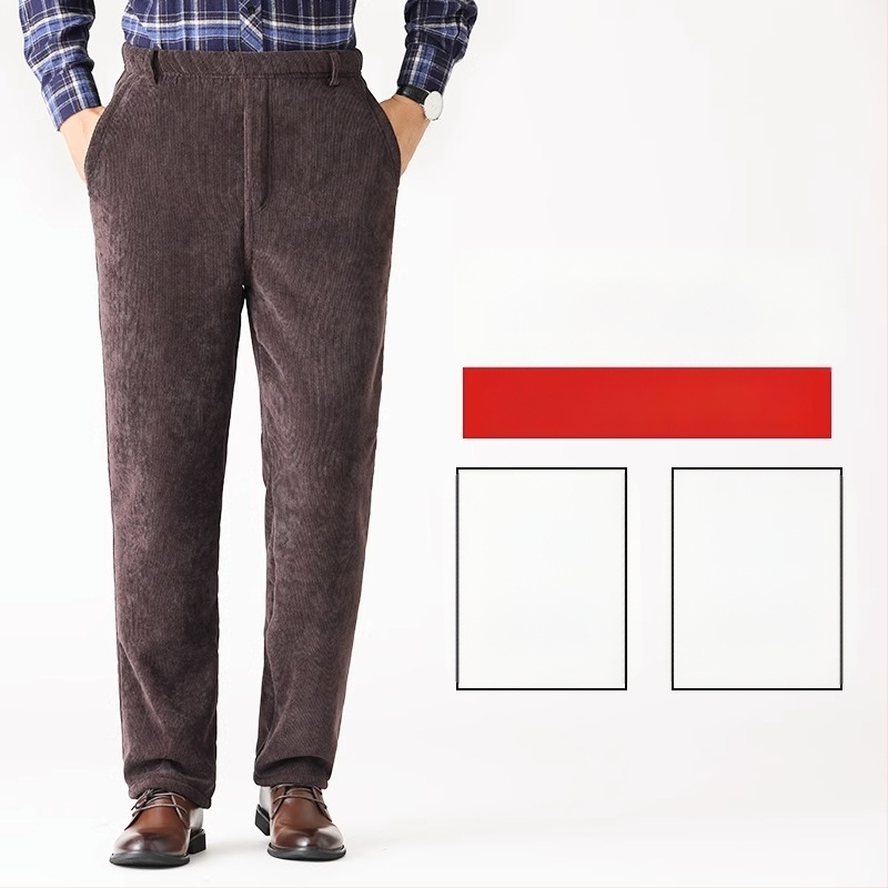 Мъжки зимни панталони от кадифен плат с подплата от флийс, прав крак, висока талия, с колан