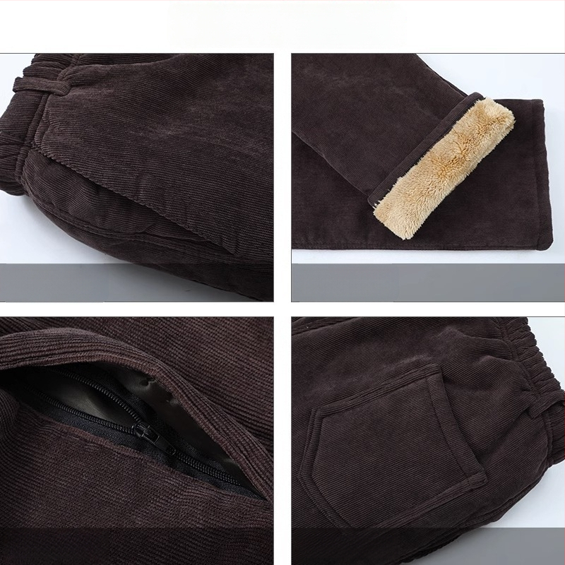 Мъжки зимни панталони от кадифен плат с подплата от флийс, прав крак, висока талия, с колан