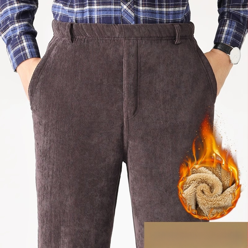 Мъжки зимни панталони от кадифен плат с подплата от флийс, прав крак, висока талия, с колан