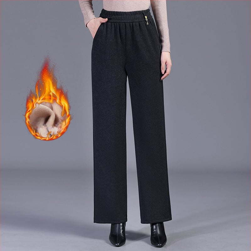 Pantaloni drepți cu căptușeală din fleece pentru femei vârstnice, poliester 80–90%, micro-elasticitate, grosime medie, stil elegant pentru naveta zilnică