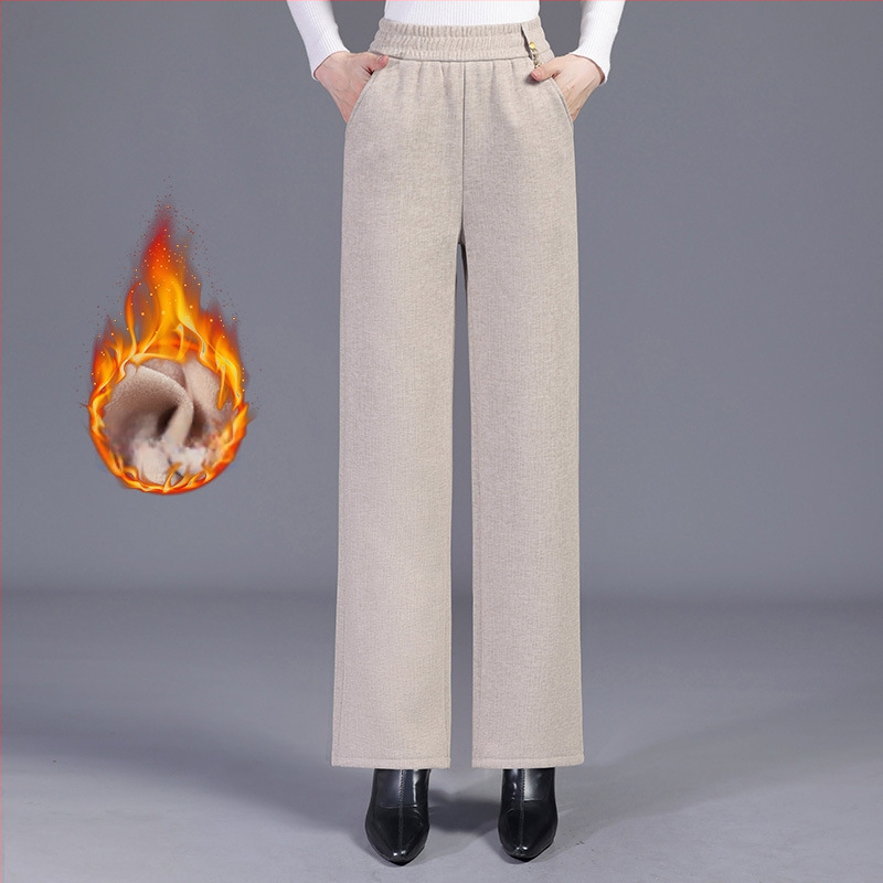 Pantaloni drepți cu căptușeală din fleece pentru femei vârstnice, poliester 80–90%, micro-elasticitate, grosime medie, stil elegant pentru naveta zilnică