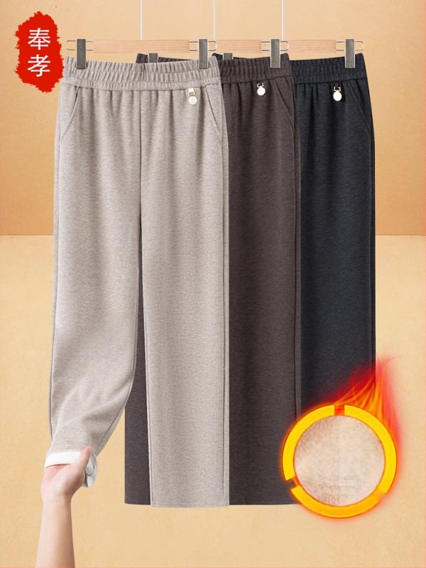 Pantaloni elastici talie înaltă drepti, căptuți cu fleece, pentru toamnă-iarnă 2025, țesătură TR PVC ≤30%, model solid