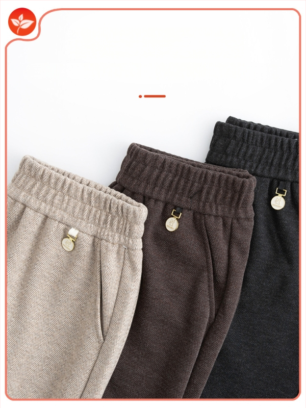 Pantaloni elastici talie înaltă drepti, căptuți cu fleece, pentru toamnă-iarnă 2025, țesătură TR PVC ≤30%, model solid