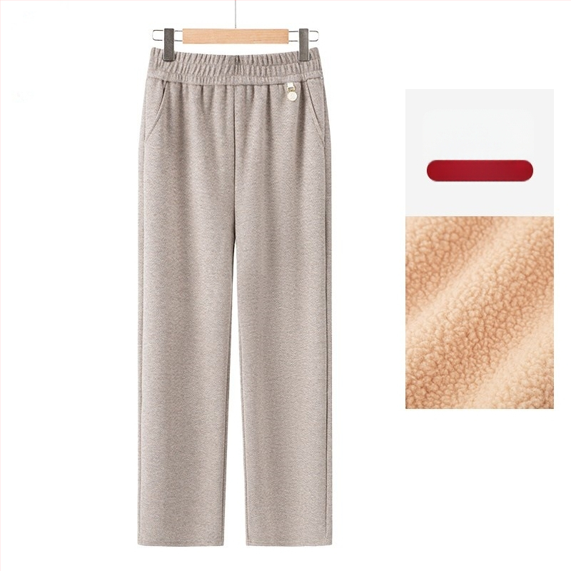 Pantaloni elastici talie înaltă drepti, căptuți cu fleece, pentru toamnă-iarnă 2025, țesătură TR PVC ≤30%, model solid