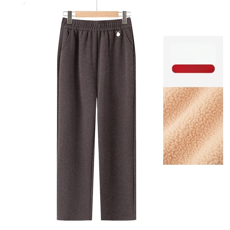 Pantaloni elastici talie înaltă drepti, căptuți cu fleece, pentru toamnă-iarnă 2025, țesătură TR PVC ≤30%, model solid