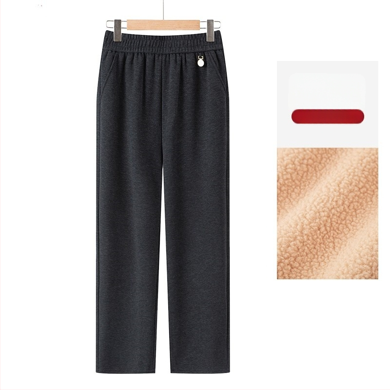 Pantaloni elastici talie înaltă drepti, căptuți cu fleece, pentru toamnă-iarnă 2025, țesătură TR PVC ≤30%, model solid