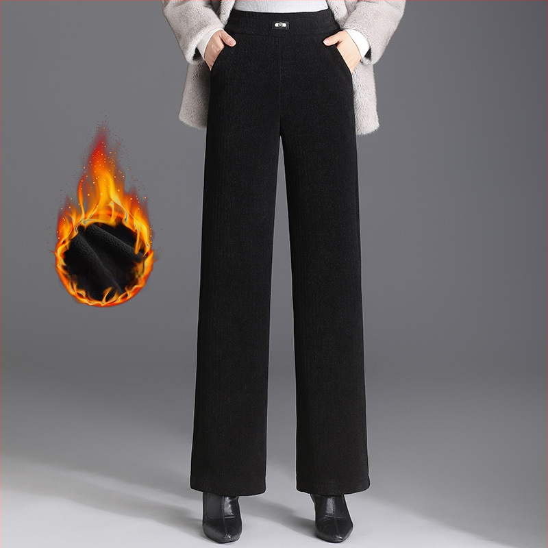 Pantaloni de iarnă cu căptușeală fleece pentru mame, croială dreaptă, microelastic, poliester 80–90%, lungime 9/10, stil elegant pentru navetă