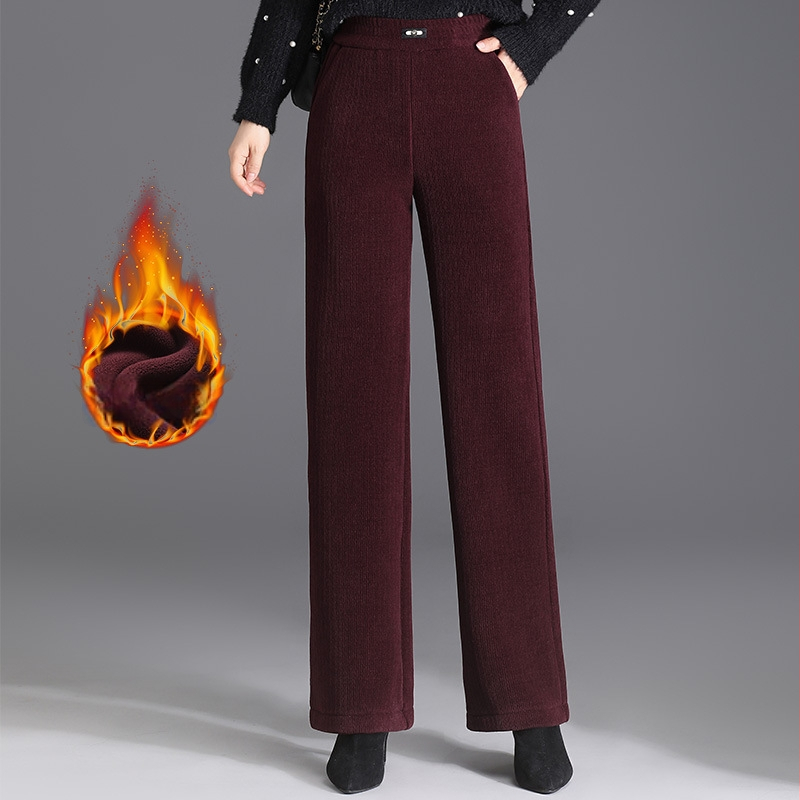 Pantaloni de iarnă cu căptușeală fleece pentru mame, croială dreaptă, microelastic, poliester 80–90%, lungime 9/10, stil elegant pentru navetă