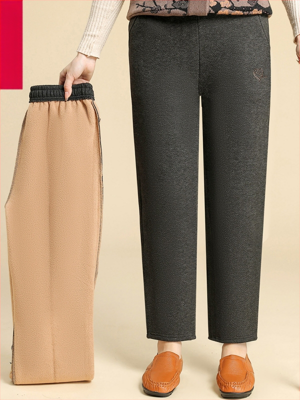 Pantaloni pentru femei de vârstă mijlocie cu căptușeală din fleece, groși pentru toamnă/iarnă 2025, croială lejeră dreaptă, poliester cu broderie