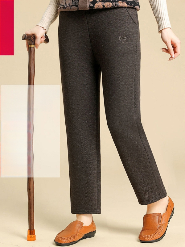 Pantaloni pentru femei de vârstă mijlocie cu căptușeală din fleece, groși pentru toamnă/iarnă 2025, croială lejeră dreaptă, poliester cu broderie