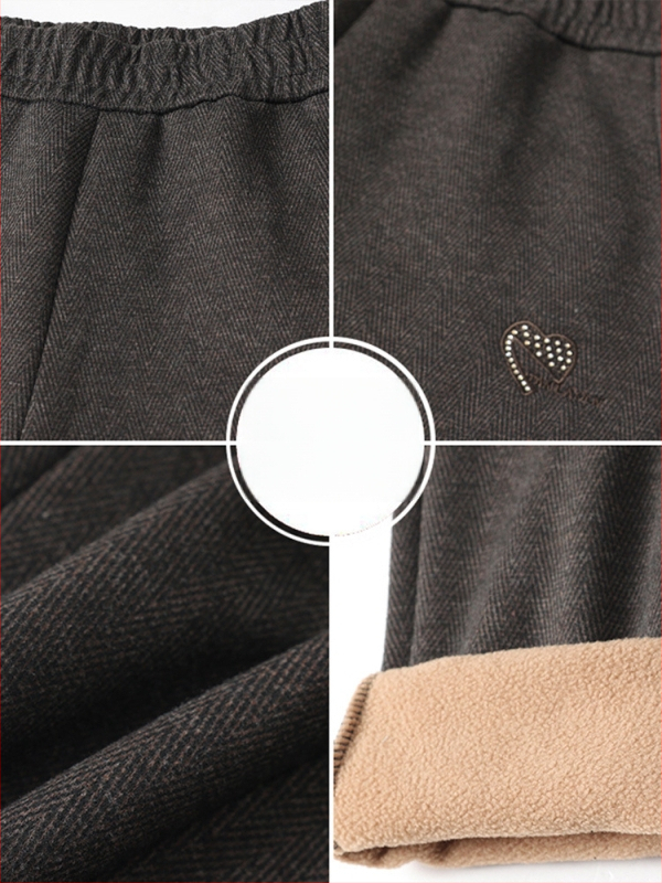 Pantaloni pentru femei de vârstă mijlocie cu căptușeală din fleece, groși pentru toamnă/iarnă 2025, croială lejeră dreaptă, poliester cu broderie