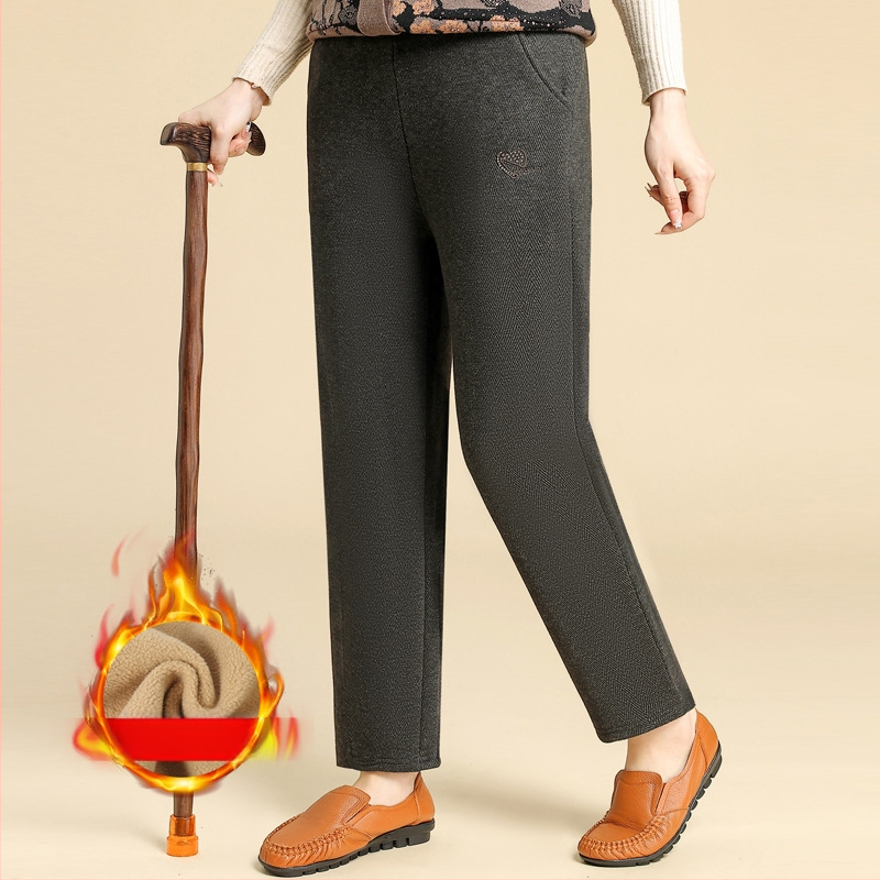 Pantaloni pentru femei de vârstă mijlocie cu căptușeală din fleece, groși pentru toamnă/iarnă 2025, croială lejeră dreaptă, poliester cu broderie