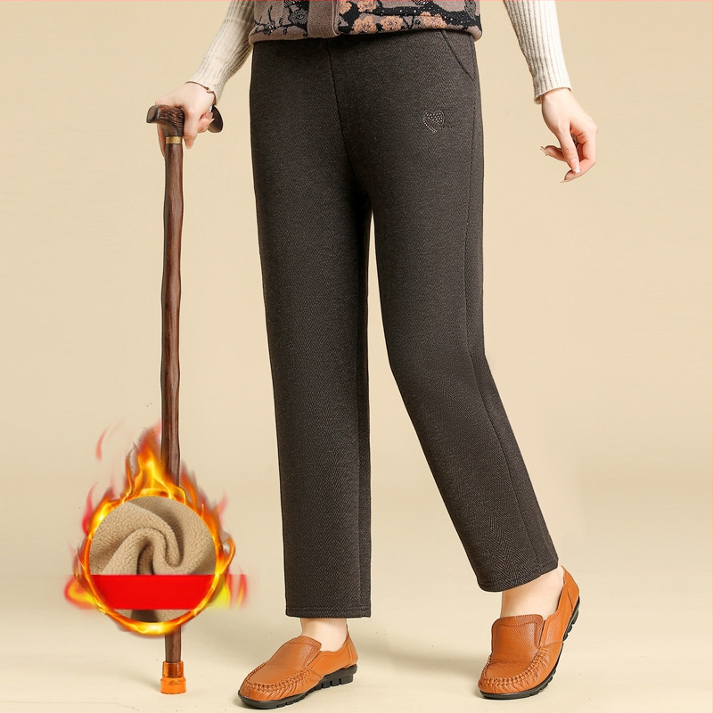 Pantaloni pentru femei de vârstă mijlocie cu căptușeală din fleece, groși pentru toamnă/iarnă 2025, croială lejeră dreaptă, poliester cu broderie