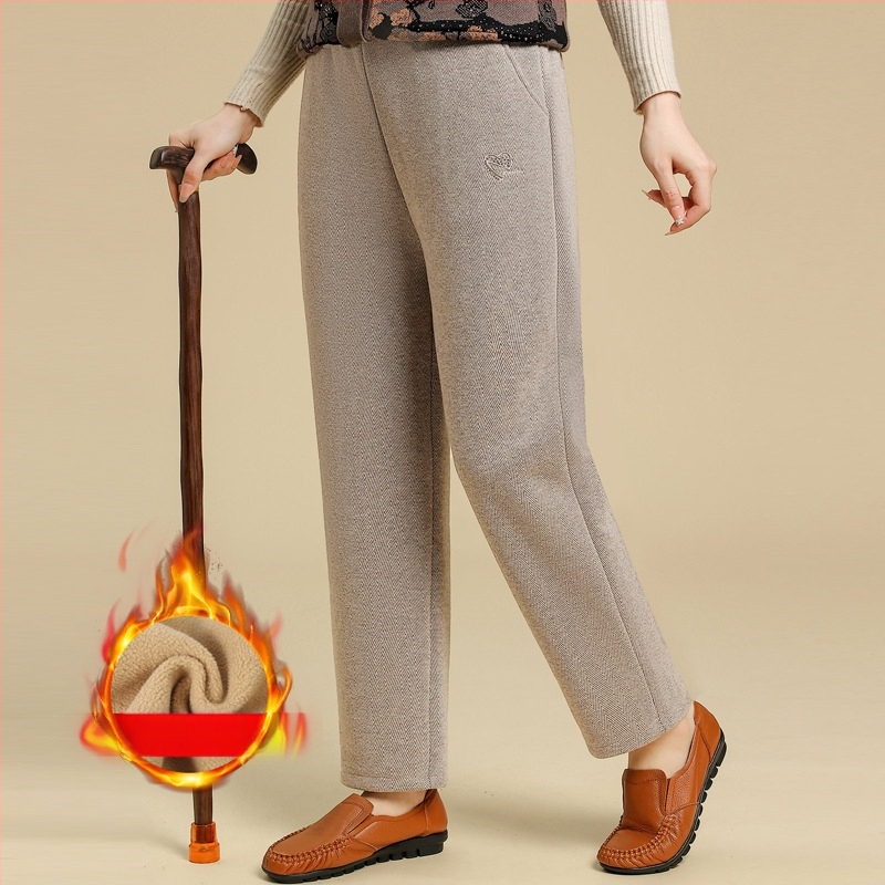 Pantaloni pentru femei de vârstă mijlocie cu căptușeală din fleece, groși pentru toamnă/iarnă 2025, croială lejeră dreaptă, poliester cu broderie