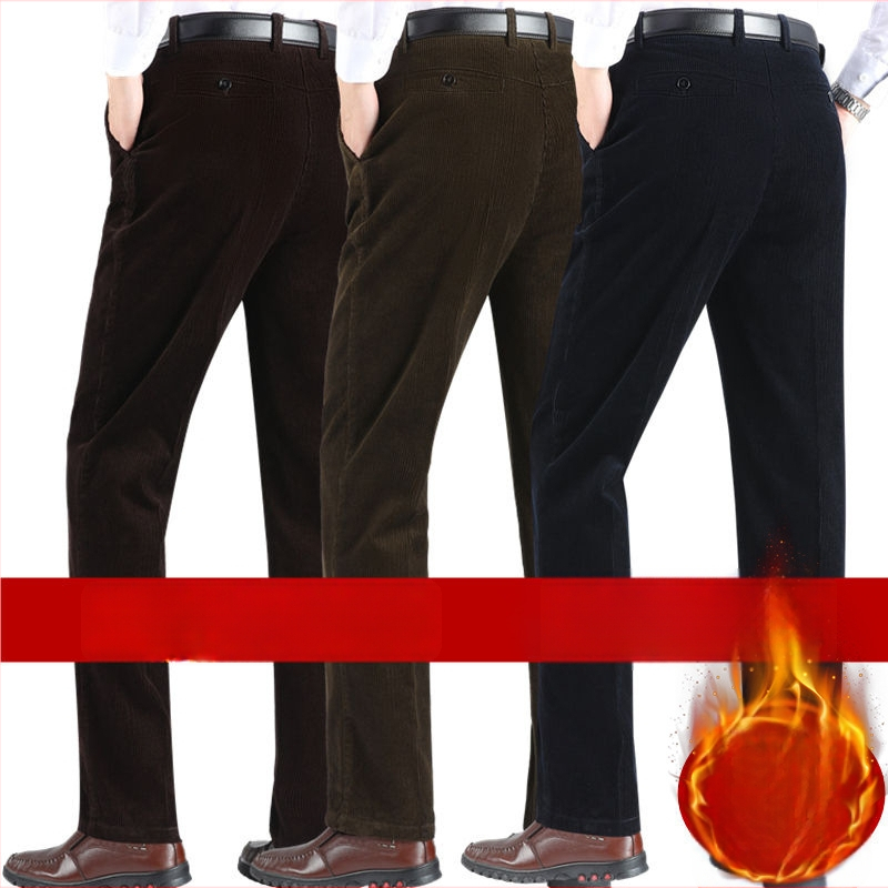 Corduroy топли мъжки панталони за зима, права кройка, средно висока талия, цип за закопчаване, множество джобове, микроеластичност, подплатени с флис, 100% полиестер Corduroy